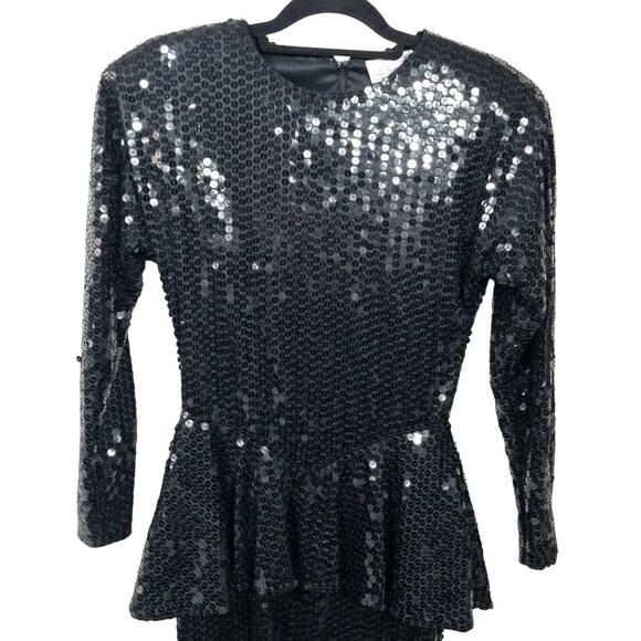 Vintage Black Sequin Peplum Long Sleeve Dress By Chaozhou Hand Stitched Embroide - Picture 4 of 11